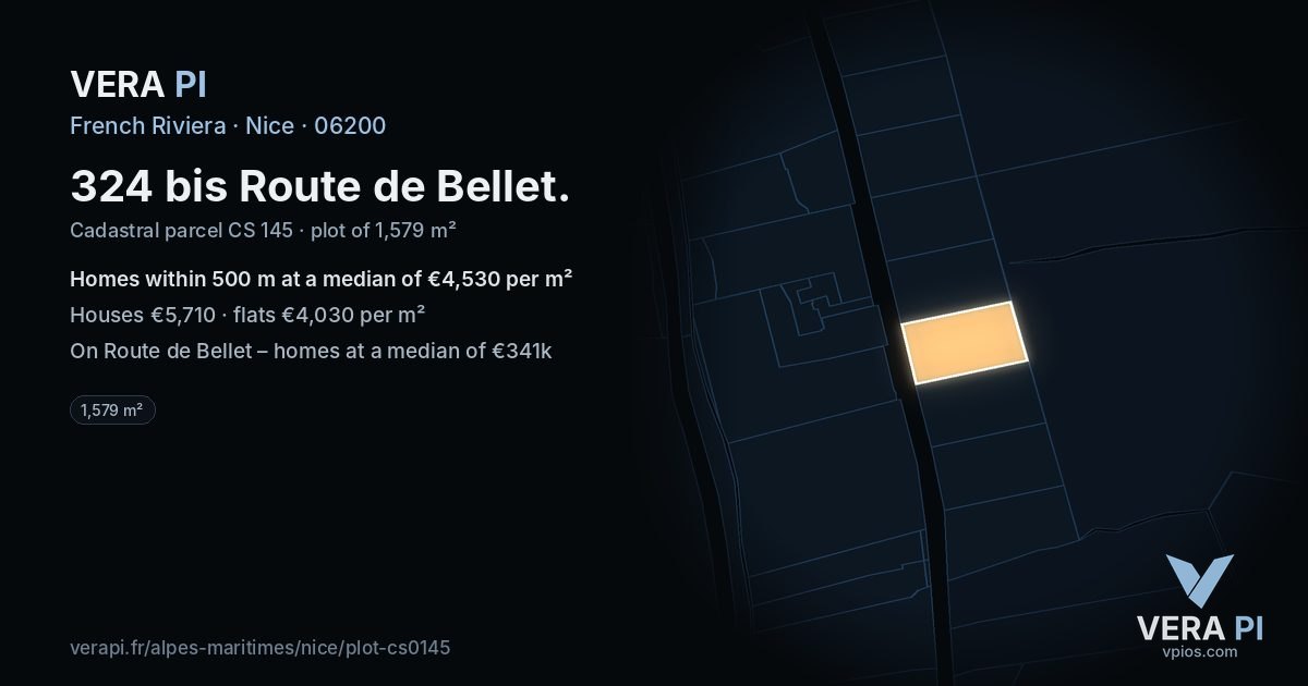 324 bis Route de Bellet, Nice at night – the plot lit, the parcels around coloured by the prices near them