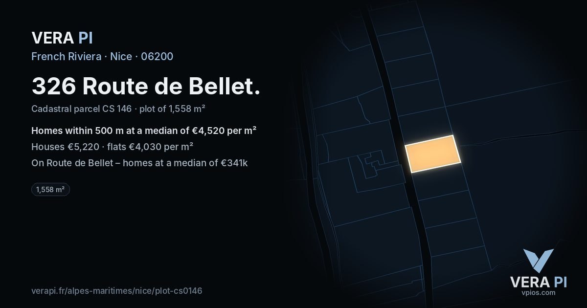 326 Route de Bellet, Nice at night – the plot lit, the parcels around coloured by the prices near them