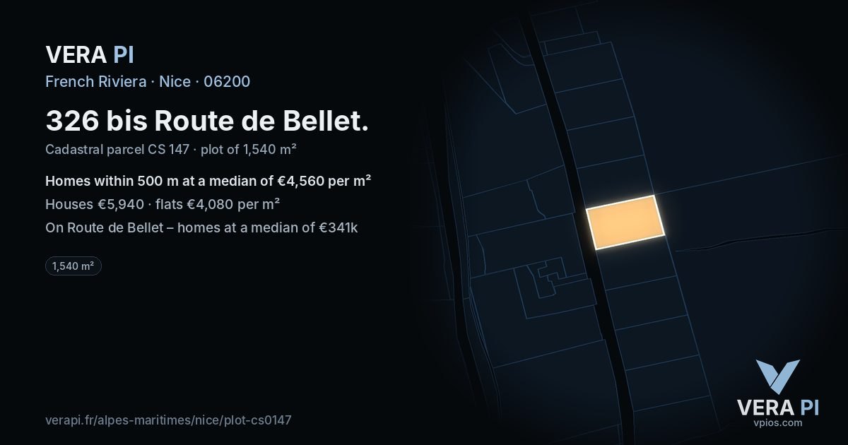 326 bis Route de Bellet, Nice at night – the plot lit, the parcels around coloured by the prices near them