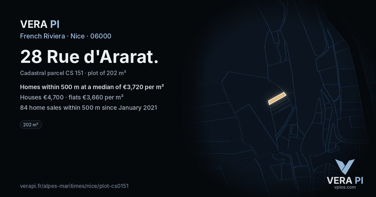 28 Rue d'Ararat, Nice at night – the plot lit, the parcels around coloured by the prices near them
