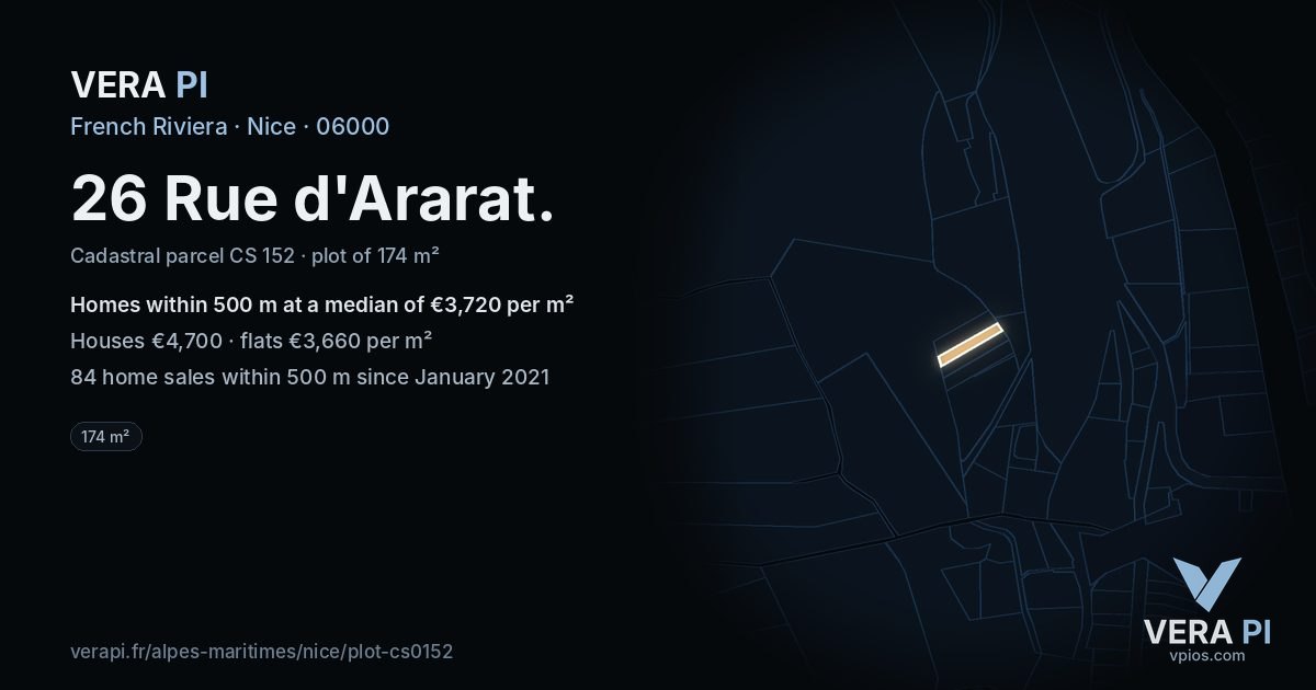 26 Rue d'Ararat, Nice at night – the plot lit, the parcels around coloured by the prices near them
