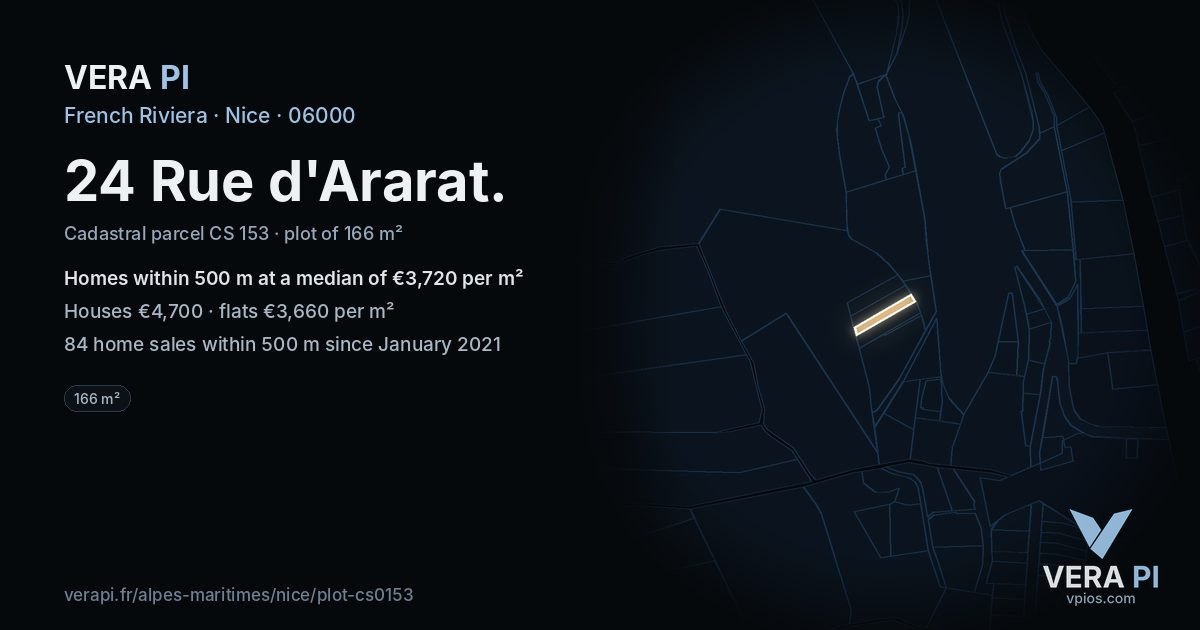 24 Rue d'Ararat, Nice at night – the plot lit, the parcels around coloured by the prices near them