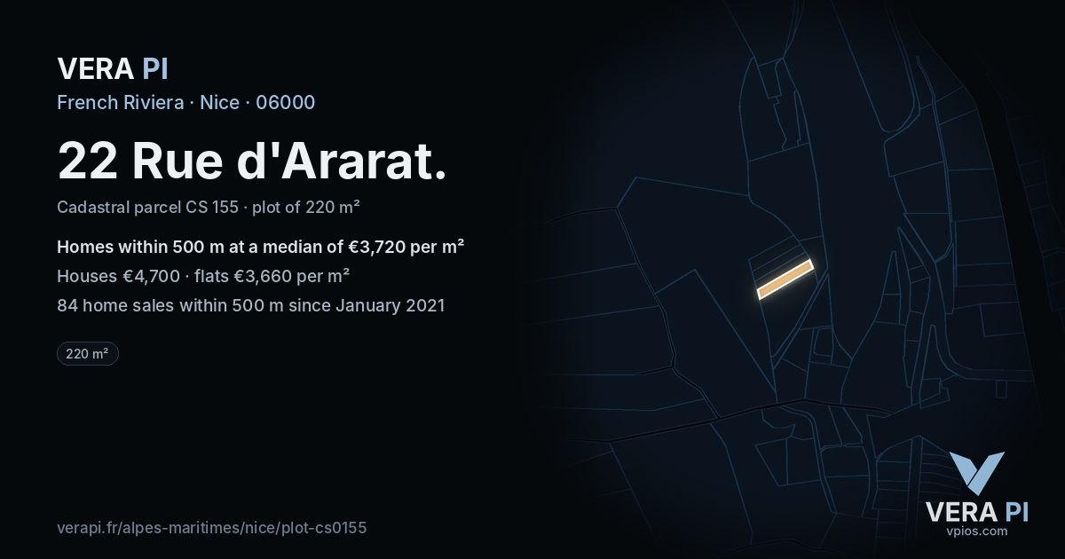 22 Rue d'Ararat, Nice at night – the plot lit, the parcels around coloured by the prices near them