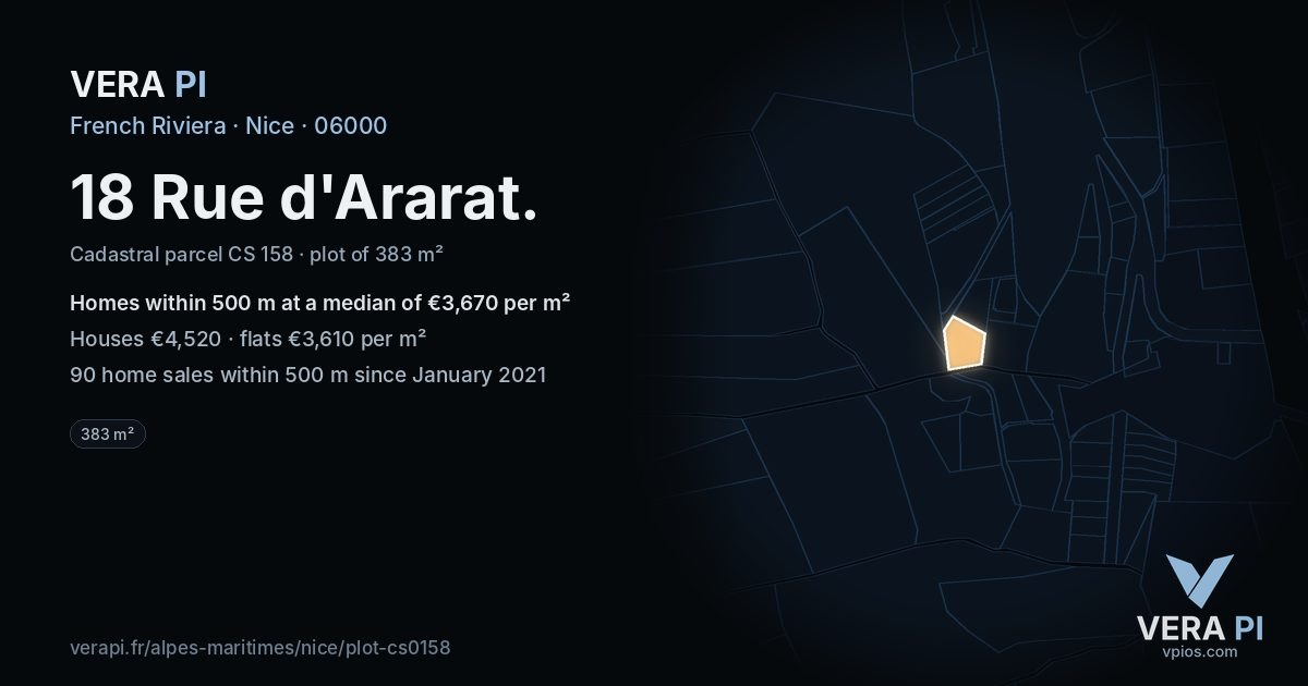 18 Rue d'Ararat, Nice at night – the plot lit, the parcels around coloured by the prices near them