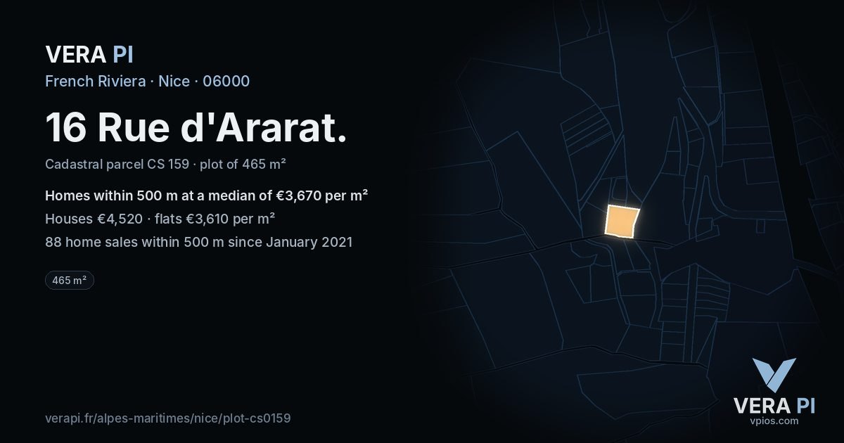 16 Rue d'Ararat, Nice at night – the plot lit, the parcels around coloured by the prices near them
