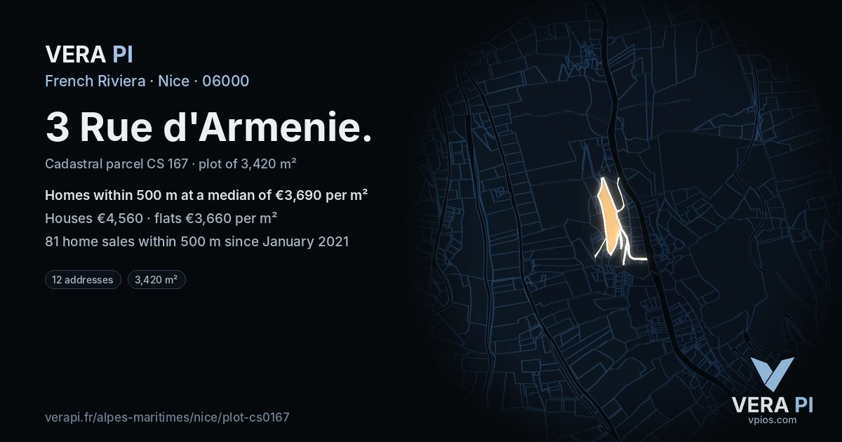 3 Rue d'Armenie, Nice at night – the plot lit, the parcels around coloured by the prices near them