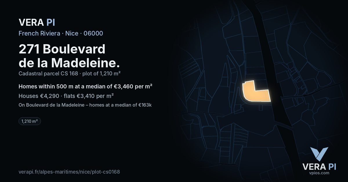 271 Boulevard de la Madeleine, Nice at night – the plot lit, the parcels around coloured by the prices near them