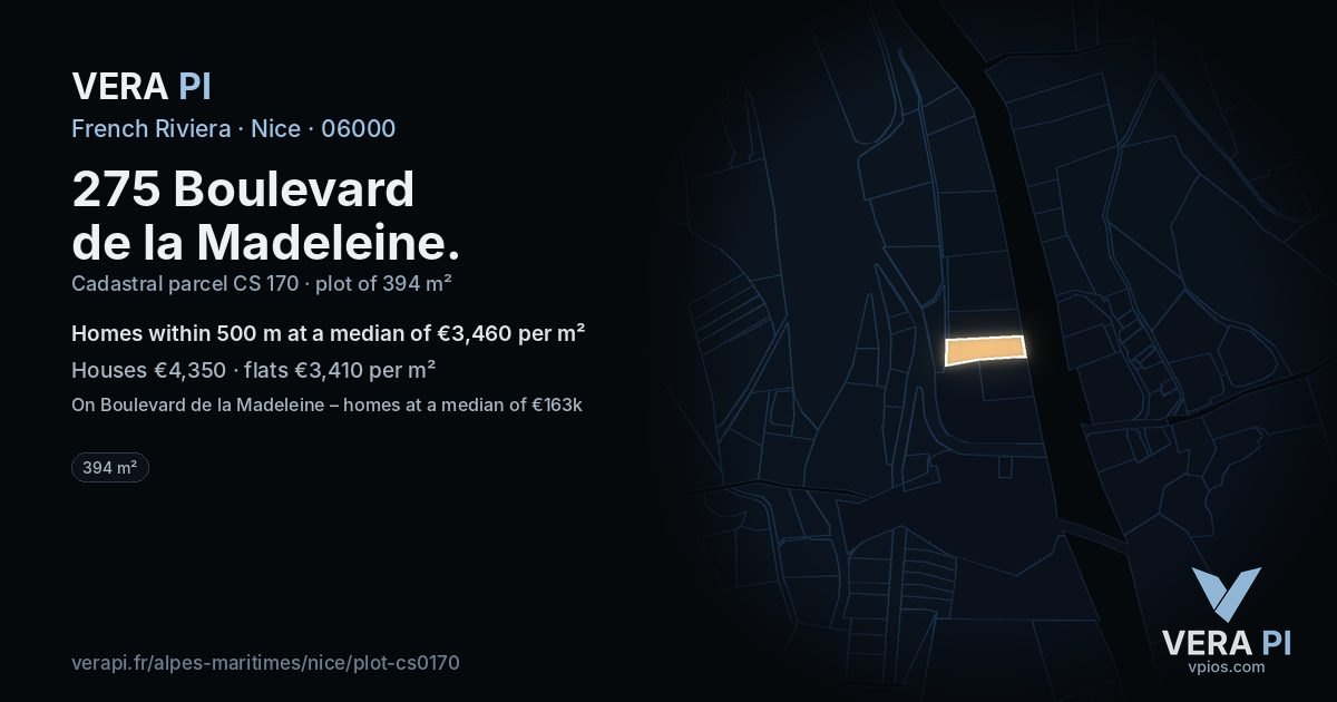 275 Boulevard de la Madeleine, Nice at night – the plot lit, the parcels around coloured by the prices near them