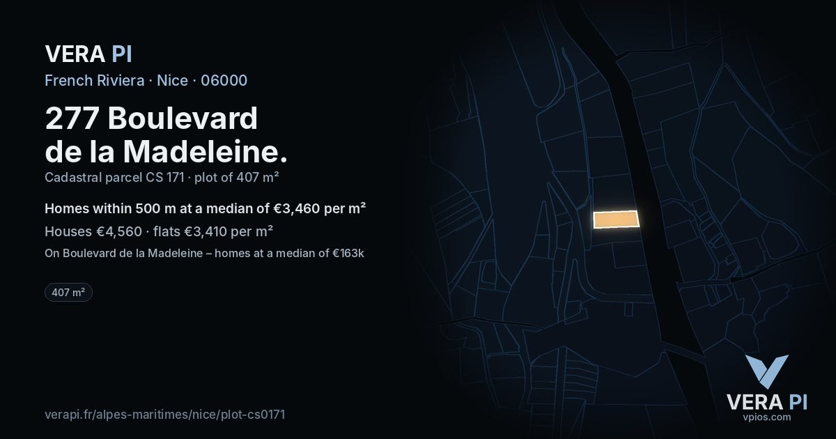 277 Boulevard de la Madeleine, Nice at night – the plot lit, the parcels around coloured by the prices near them