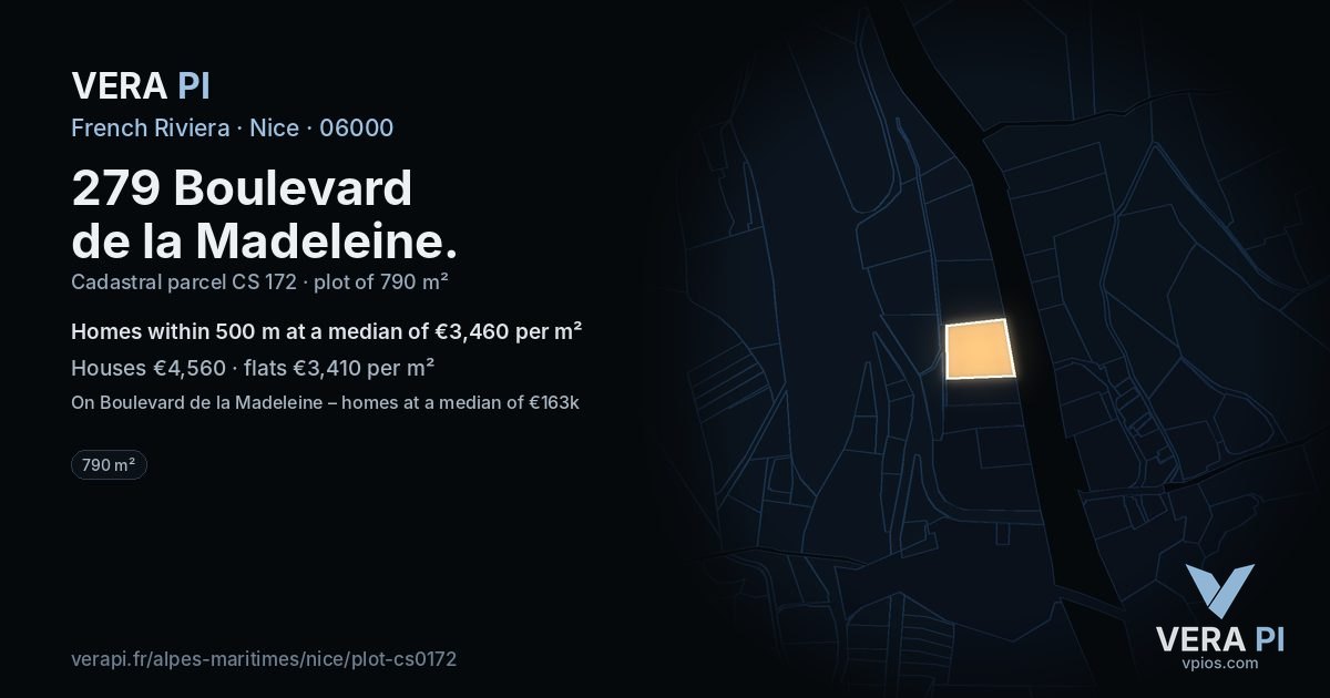279 Boulevard de la Madeleine, Nice at night – the plot lit, the parcels around coloured by the prices near them