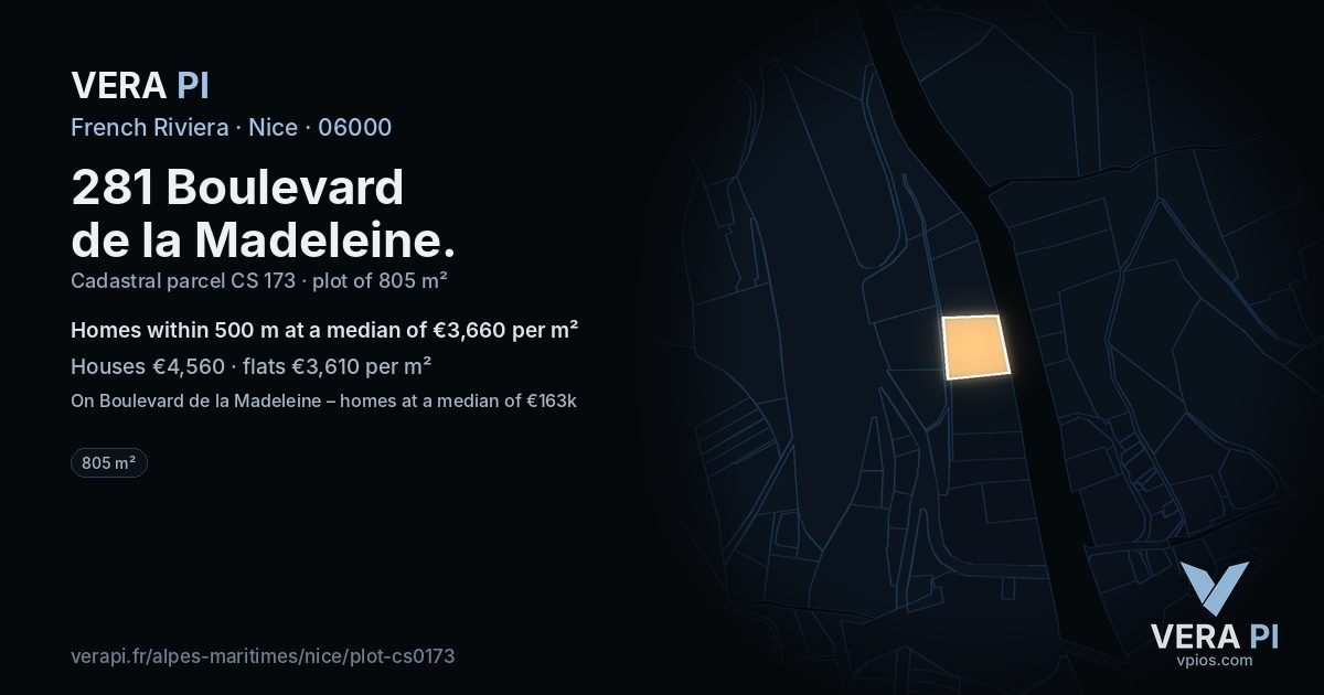 281 Boulevard de la Madeleine, Nice at night – the plot lit, the parcels around coloured by the prices near them