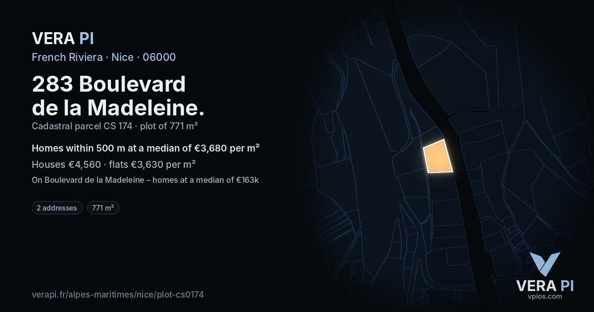 283 Boulevard de la Madeleine, Nice at night – the plot lit, the parcels around coloured by the prices near them