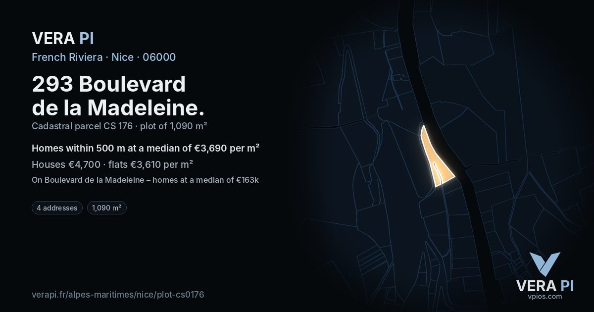 293 Boulevard de la Madeleine, Nice at night – the plot lit, the parcels around coloured by the prices near them