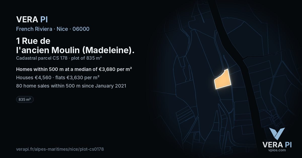 1 Rue de l'ancien Moulin (Madeleine), Nice at night – the plot lit, the parcels around coloured by the prices near them