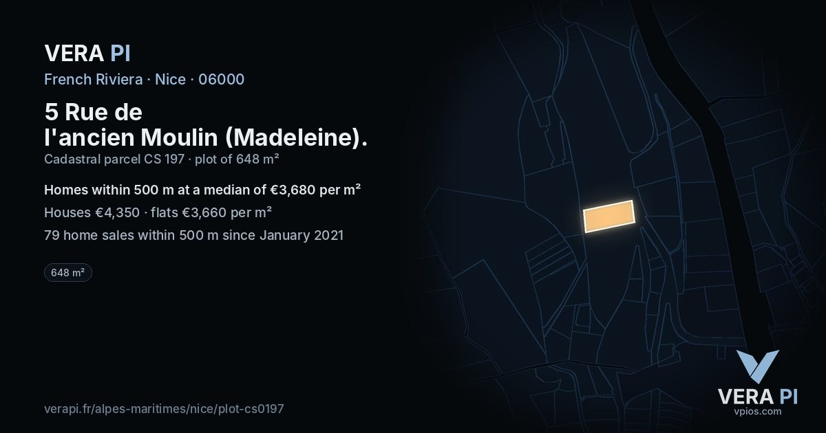 5 Rue de l'ancien Moulin (Madeleine), Nice at night – the plot lit, the parcels around coloured by the prices near them