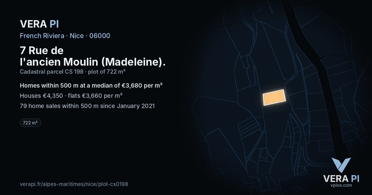 7 Rue de l'ancien Moulin (Madeleine), Nice at night – the plot lit, the parcels around coloured by the prices near them