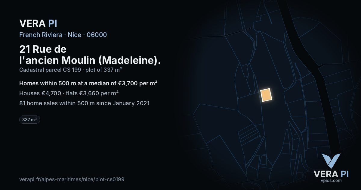 21 Rue de l'ancien Moulin (Madeleine), Nice at night – the plot lit, the parcels around coloured by the prices near them
