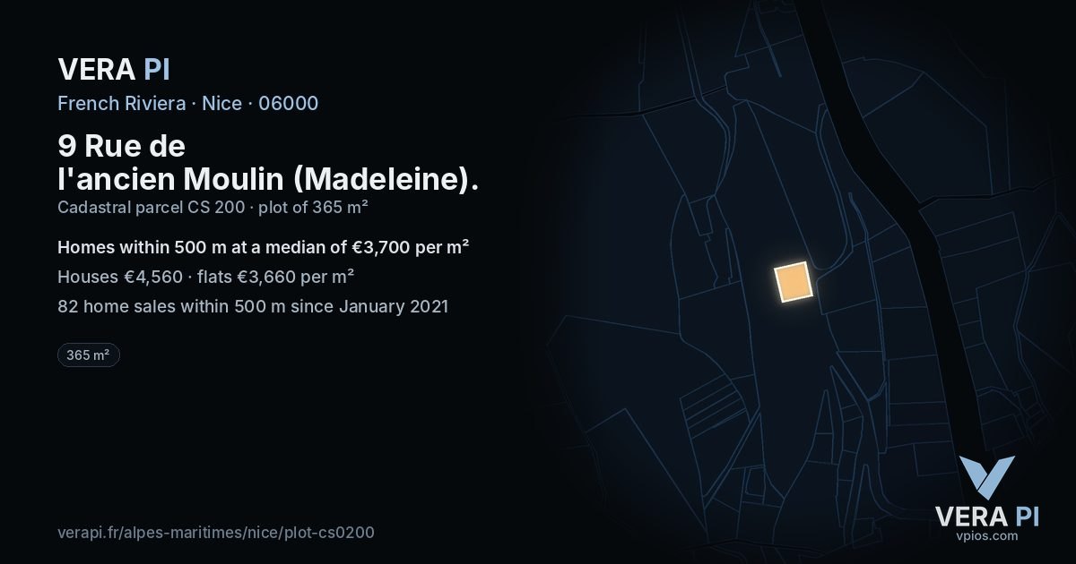 9 Rue de l'ancien Moulin (Madeleine), Nice at night – the plot lit, the parcels around coloured by the prices near them
