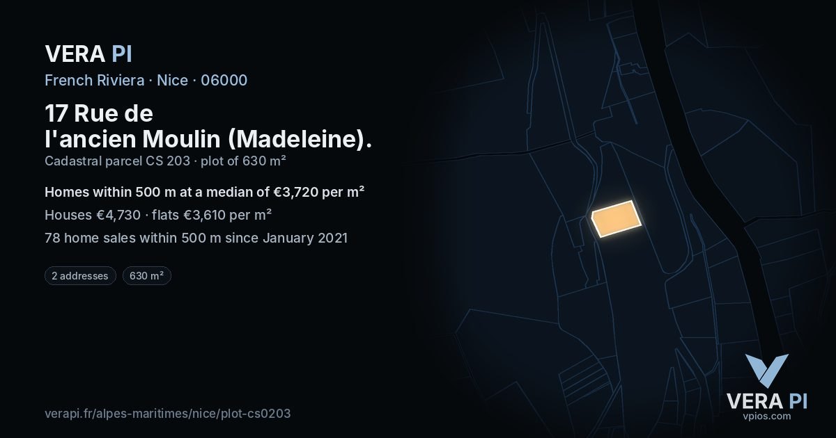 17 Rue de l'ancien Moulin (Madeleine), Nice at night – the plot lit, the parcels around coloured by the prices near them