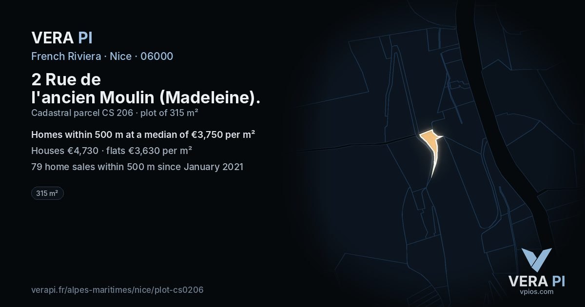 2 Rue de l'ancien Moulin (Madeleine), Nice at night – the plot lit, the parcels around coloured by the prices near them