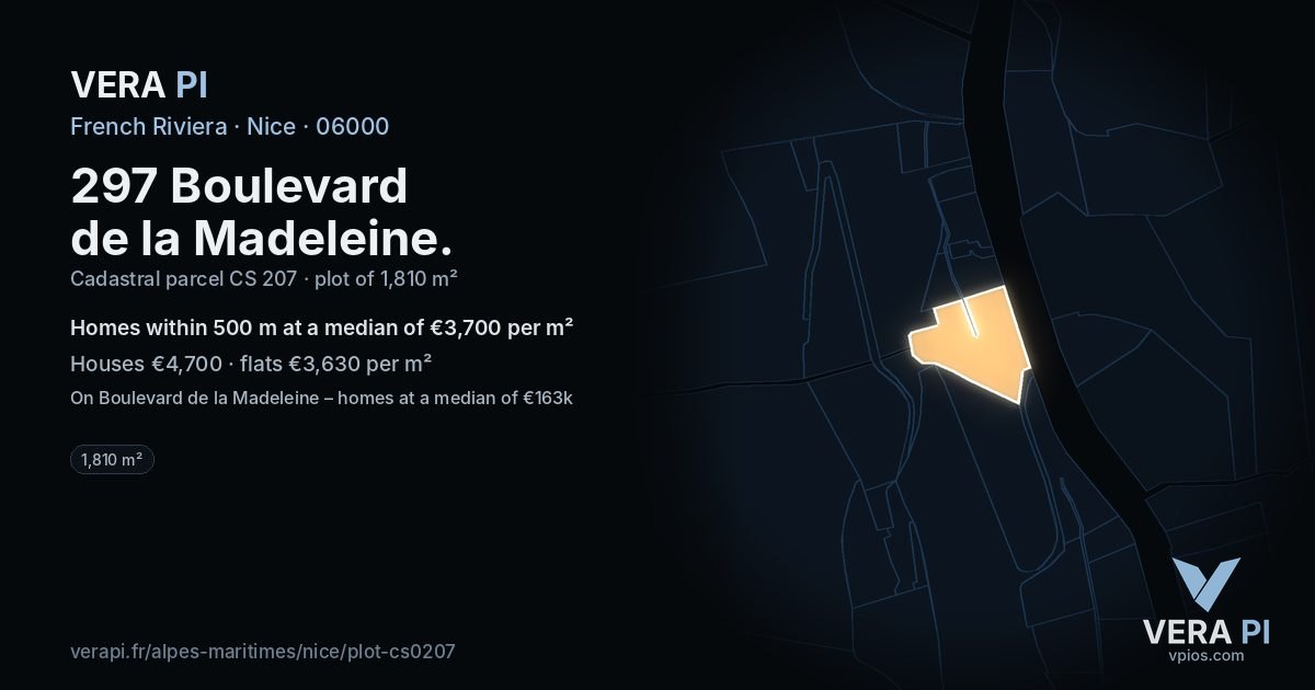 297 Boulevard de la Madeleine, Nice at night – the plot lit, the parcels around coloured by the prices near them
