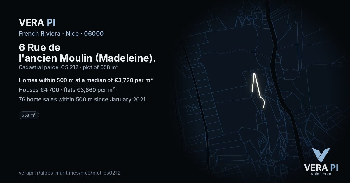 6 Rue de l'ancien Moulin (Madeleine), Nice at night – the plot lit, the parcels around coloured by the prices near them