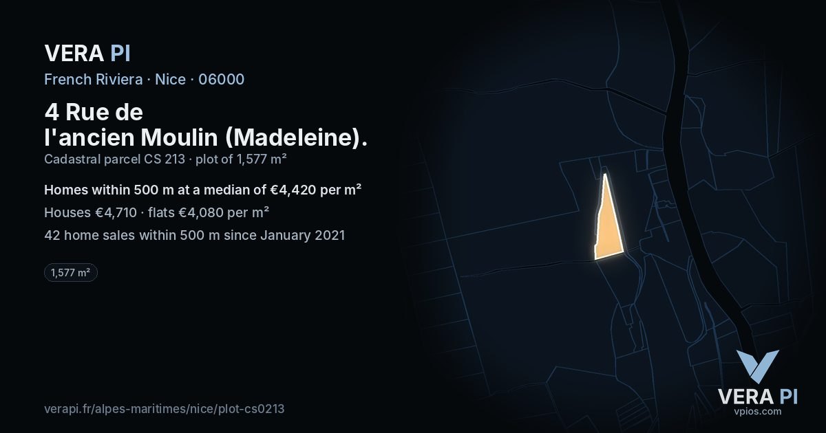 4 Rue de l'ancien Moulin (Madeleine), Nice at night – the plot lit, the parcels around coloured by the prices near them