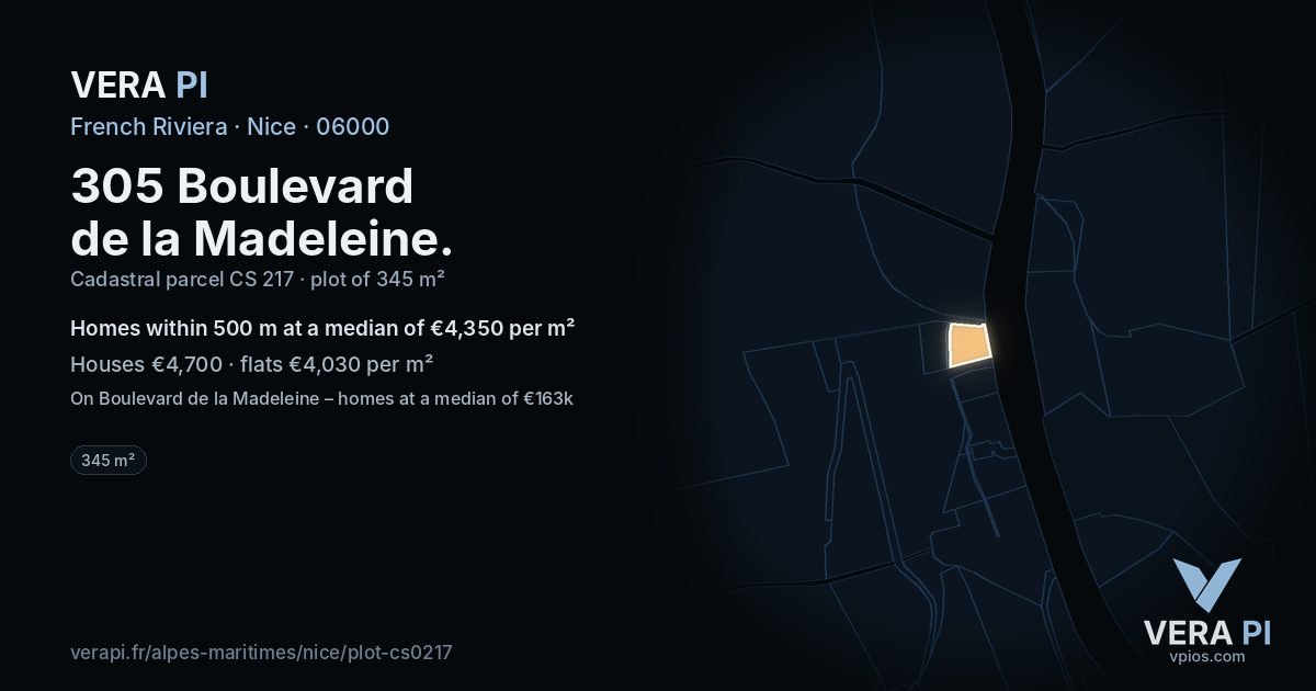 305 Boulevard de la Madeleine, Nice at night – the plot lit, the parcels around coloured by the prices near them