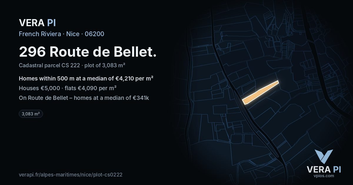 296 Route de Bellet, Nice at night – the plot lit, the parcels around coloured by the prices near them