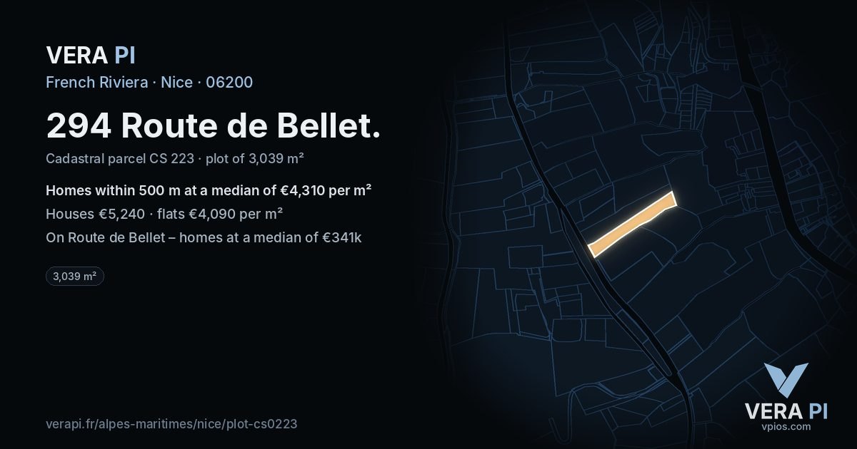 294 Route de Bellet, Nice at night – the plot lit, the parcels around coloured by the prices near them