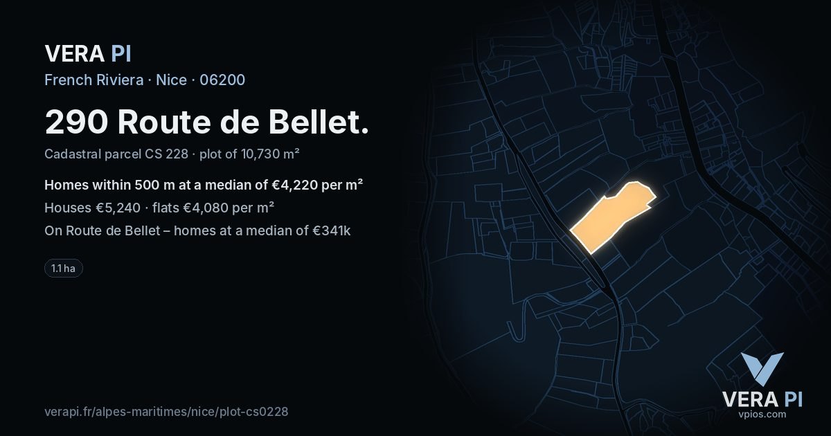 290 Route de Bellet, Nice at night – the plot lit, the parcels around coloured by the prices near them