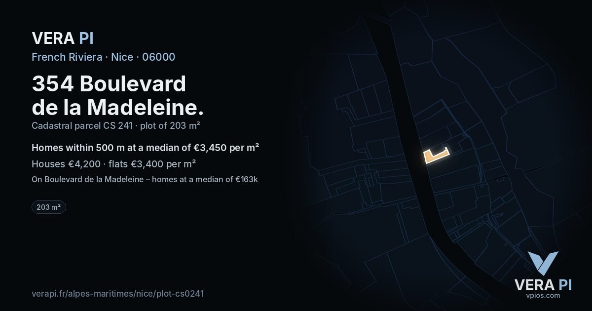 354 Boulevard de la Madeleine, Nice at night – the plot lit, the parcels around coloured by the prices near them