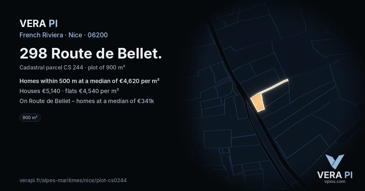 298 Route de Bellet, Nice at night – the plot lit, the parcels around coloured by the prices near them