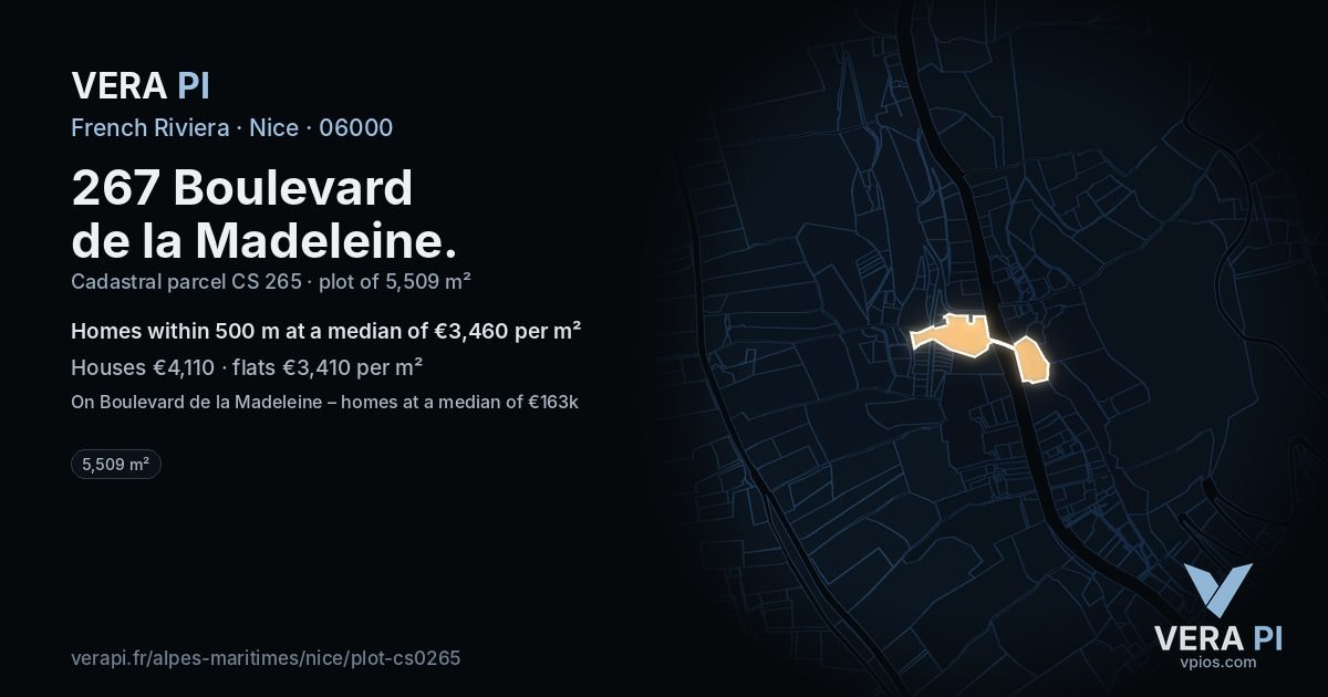 267 Boulevard de la Madeleine, Nice at night – the plot lit, the parcels around coloured by the prices near them
