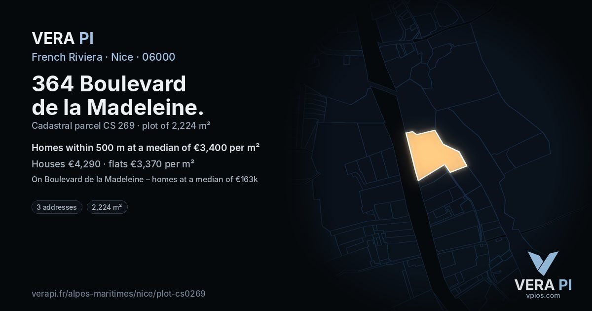 364 Boulevard de la Madeleine, Nice at night – the plot lit, the parcels around coloured by the prices near them