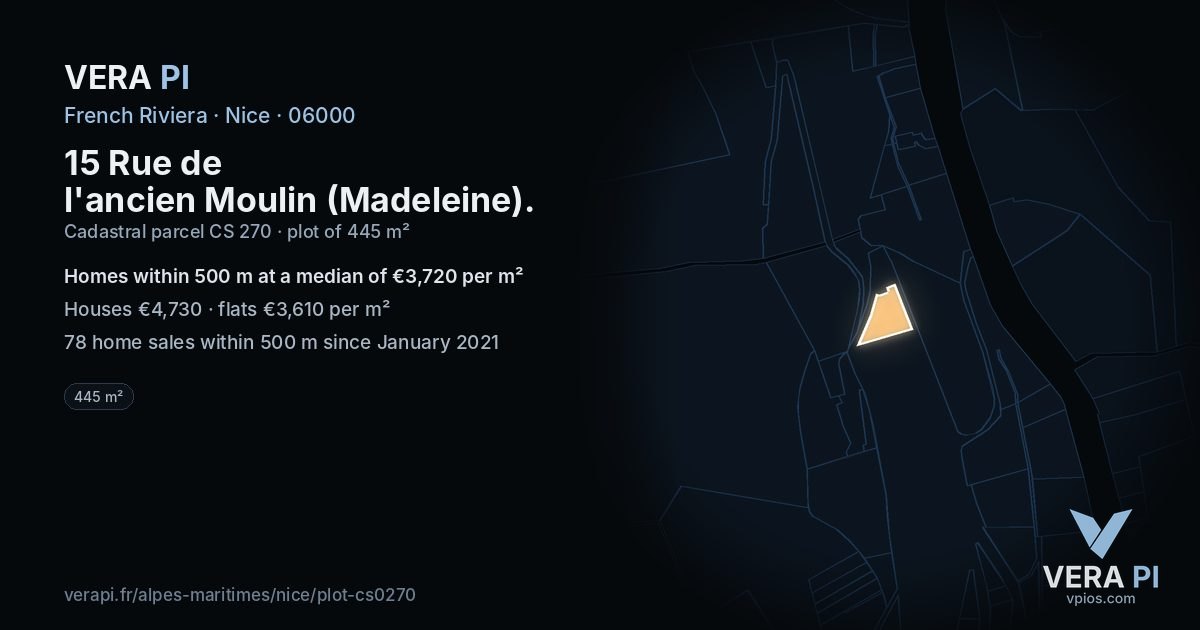 15 Rue de l'ancien Moulin (Madeleine), Nice at night – the plot lit, the parcels around coloured by the prices near them