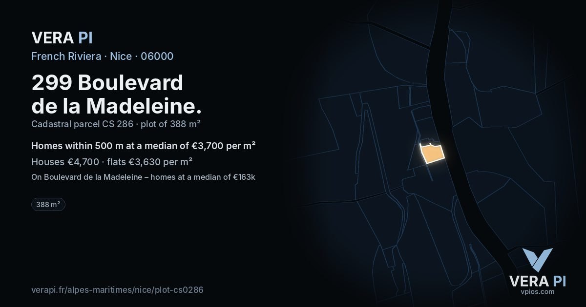 299 Boulevard de la Madeleine, Nice at night – the plot lit, the parcels around coloured by the prices near them