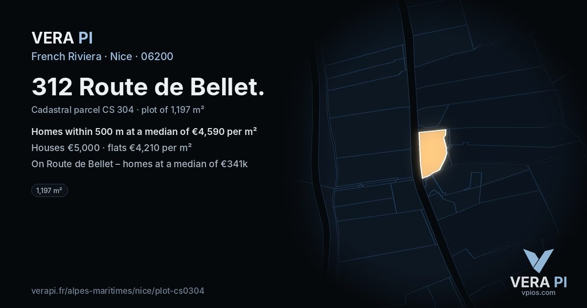 312 Route de Bellet, Nice at night – the plot lit, the parcels around coloured by the prices near them