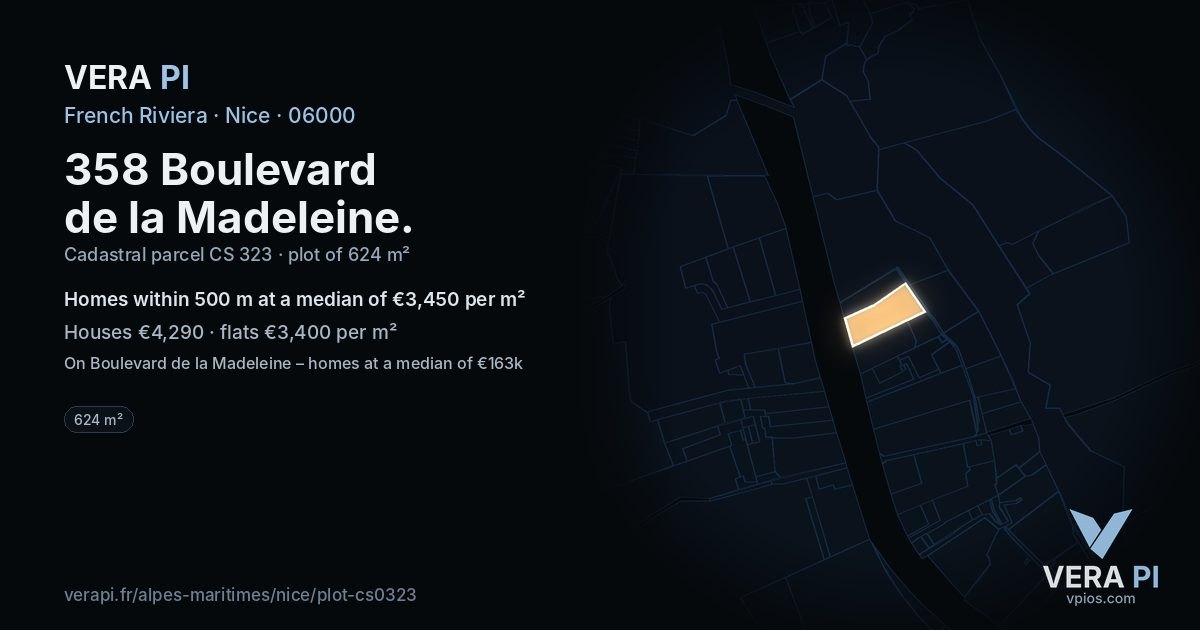 358 Boulevard de la Madeleine, Nice at night – the plot lit, the parcels around coloured by the prices near them