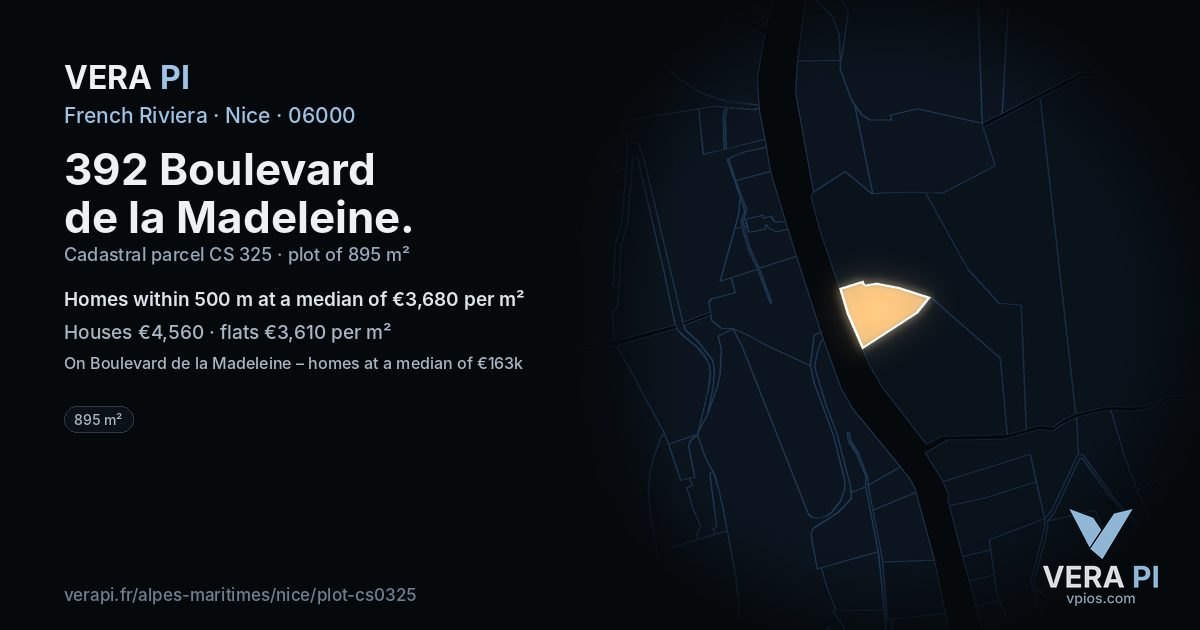 392 Boulevard de la Madeleine, Nice at night – the plot lit, the parcels around coloured by the prices near them