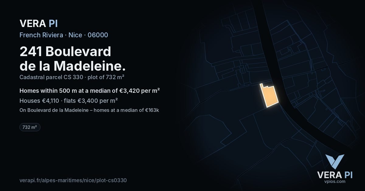 241 Boulevard de la Madeleine, Nice at night – the plot lit, the parcels around coloured by the prices near them