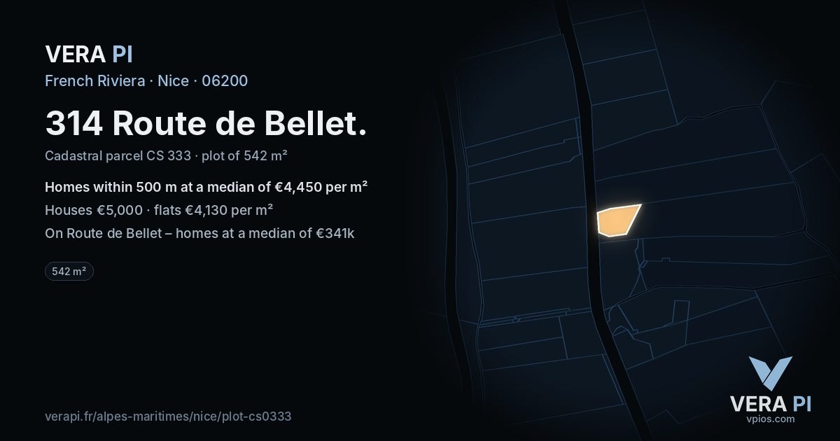 314 Route de Bellet, Nice at night – the plot lit, the parcels around coloured by the prices near them