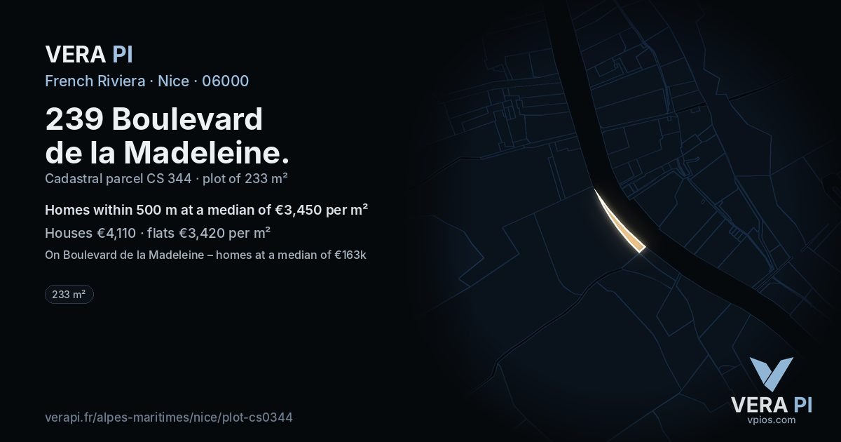 239 Boulevard de la Madeleine, Nice at night – the plot lit, the parcels around coloured by the prices near them