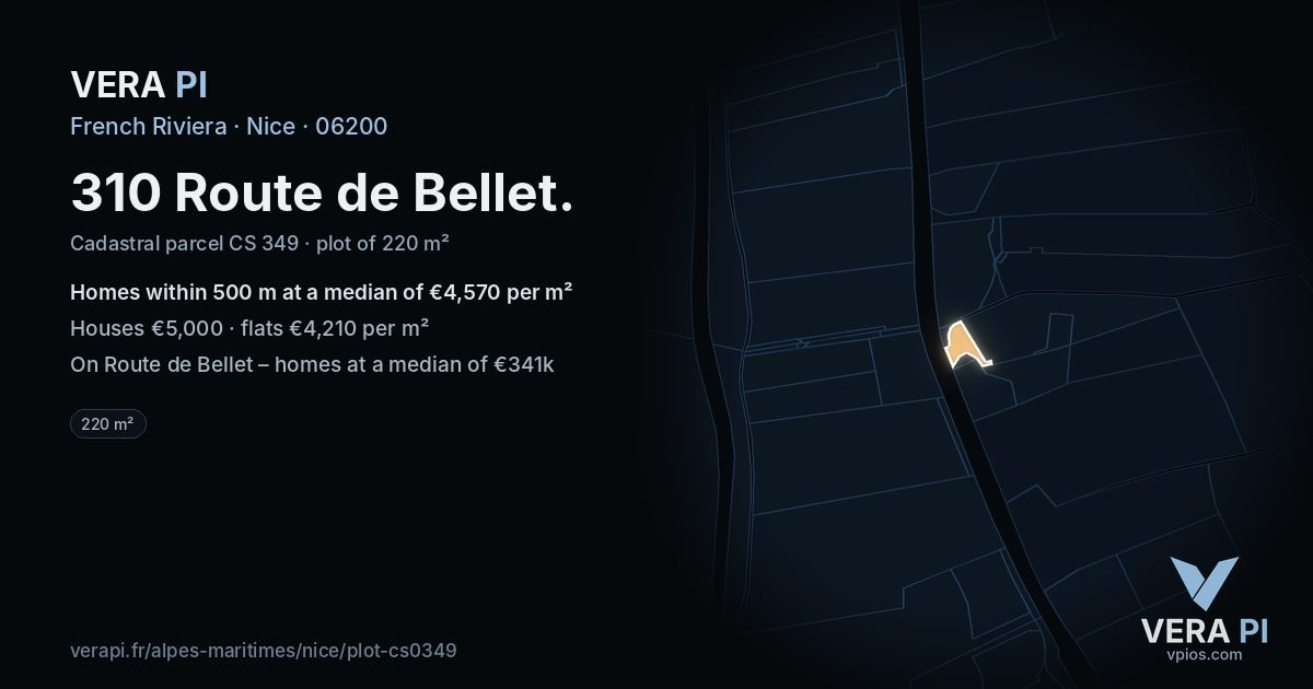 310 Route de Bellet, Nice at night – the plot lit, the parcels around coloured by the prices near them