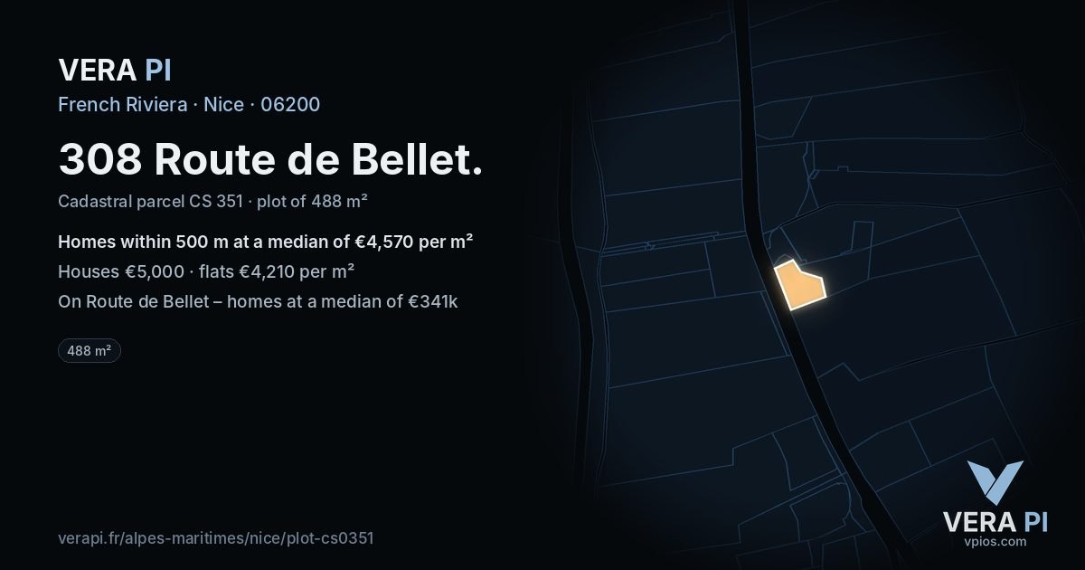 308 Route de Bellet, Nice at night – the plot lit, the parcels around coloured by the prices near them