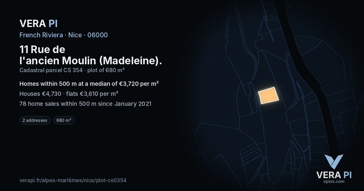 11 Rue de l'ancien Moulin (Madeleine), Nice at night – the plot lit, the parcels around coloured by the prices near them