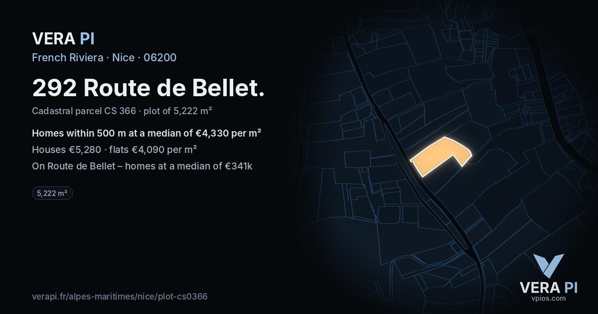 292 Route de Bellet, Nice at night – the plot lit, the parcels around coloured by the prices near them