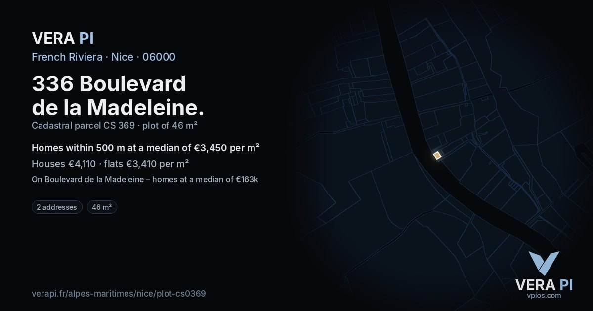 336 Boulevard de la Madeleine, Nice at night – the plot lit, the parcels around coloured by the prices near them