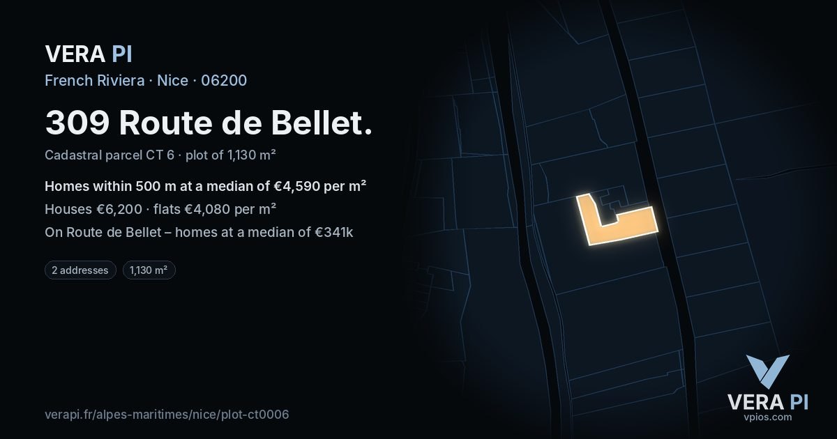 309 Route de Bellet, Nice at night – the plot lit, the parcels around coloured by the prices near them