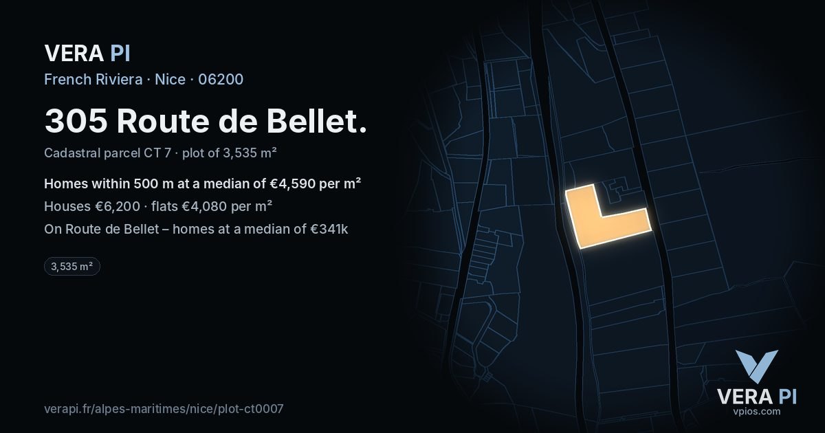 305 Route de Bellet, Nice at night – the plot lit, the parcels around coloured by the prices near them